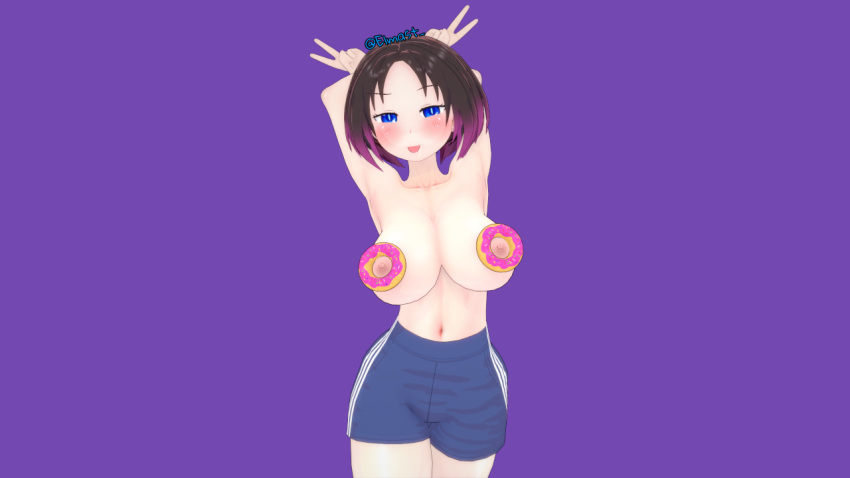 3d 3d_(artwork) big_breasts doughnut elma_(dragon_maid) elmast_ hands_behind_head kobayashi-san_chi_no_maidragon miss_kobayashi's_dragon_maid peace_sign shorts tongue_out