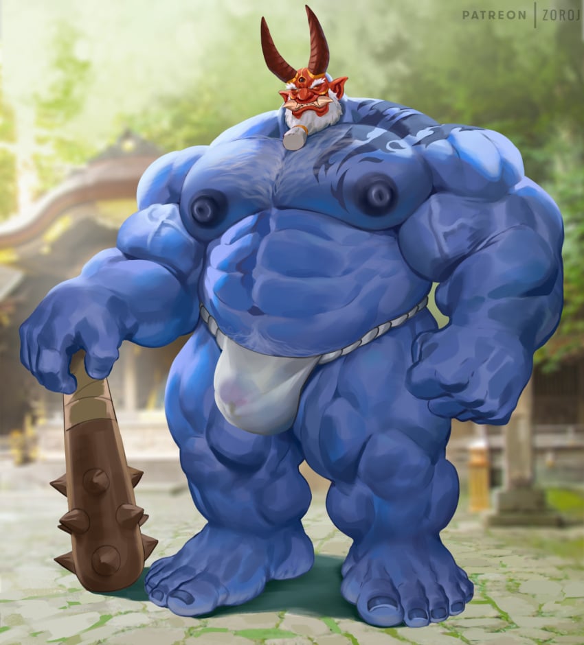 balls bara beard big_balls big_bulge big_penis blue_body blue_oni blue_skin bulge chest_hair club club_(weapon) facial_hair fundoshi fundoshi_only gay male male_only muscles muscular oni oni_horns penis solo solo_male tattoo white_hair zoroj