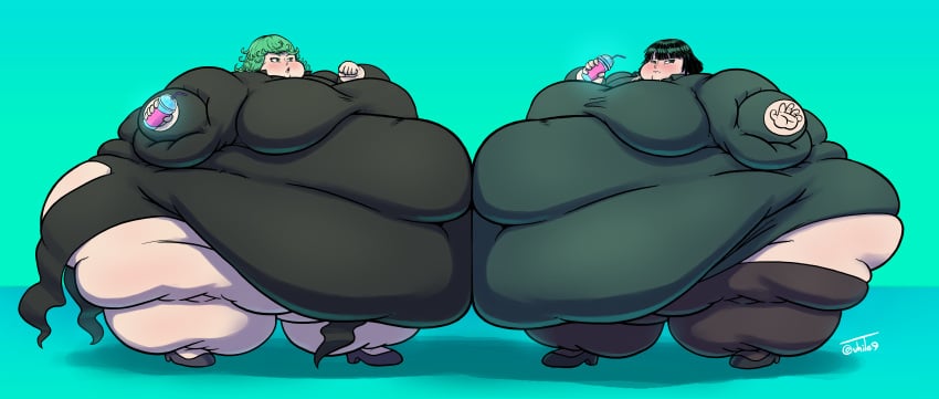 2girls big_belly fubuki_(one-punch_man) hyper_fat hyper_overweight multiple_girls obese obese_female one-punch_man overweight ssbbw tatsumaki vhite9 weight_gain