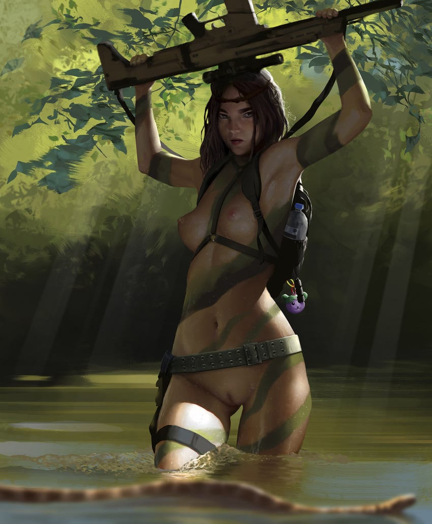 areolae belt black_hair breasts casual female firearm human legwear looking_at_viewer nipples oc original original_character pale_skin pussy rifle stahlberg tactical_nudity vagina weapon