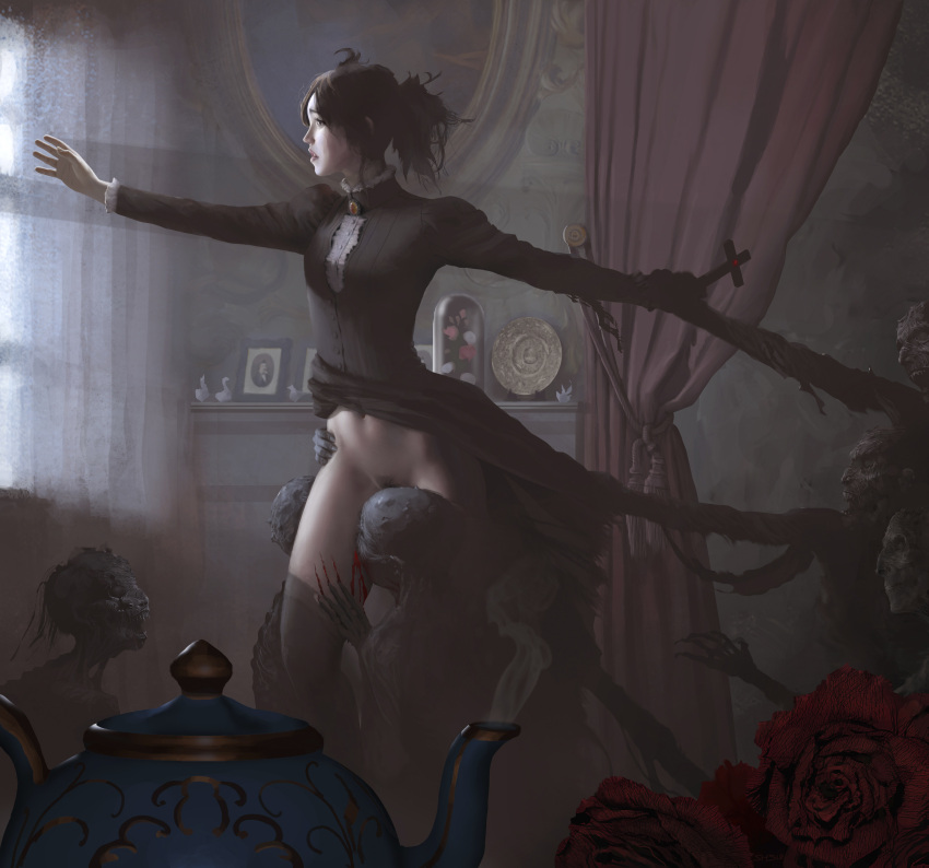 1girls 2d biting black_dress black_hair black_pubic_hair blood bottomless clothed clothing dress female female_focus holding_cross holding_object indoors kettle no_panties nopan oc original original_character pubic_hair realistic roses small_breasts stahlberg standing window zombie