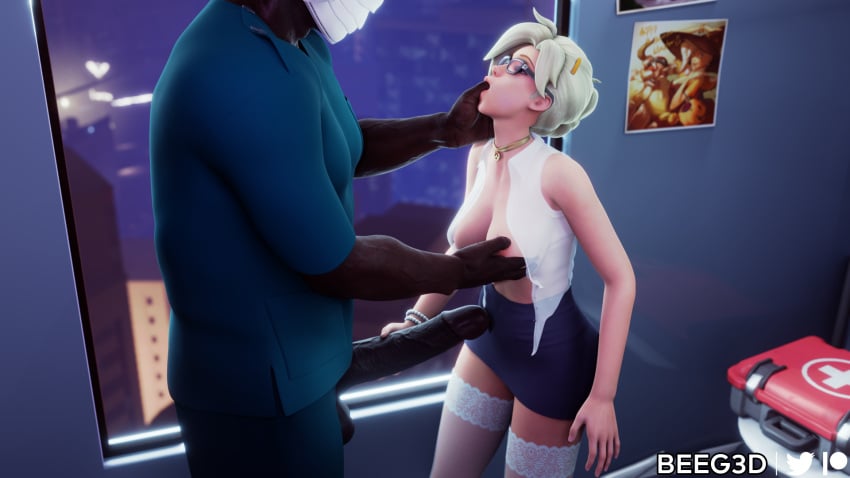 1boy 1girls 3d beeg3d big_penis blonde_female blonde_hair breast_grab breast_squeeze breasts_out choker dark-skinned_male female glasses handjob huge_cock interracial light-skinned_female male male/female mercy overwatch penis thumb_sucking