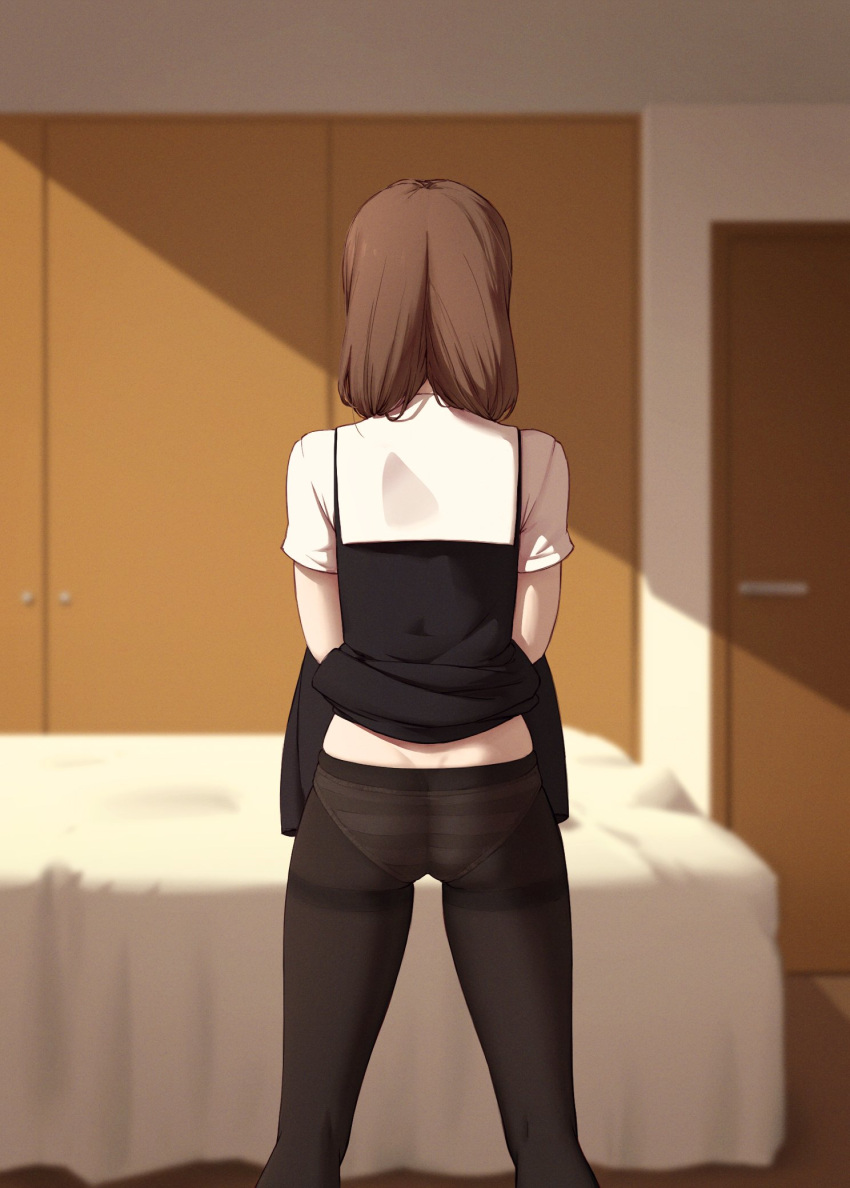 1girls ass bedroom black_legwear black_pantyhose brown_hair dress dress_lift female female_only from_behind iino_miko indoors kaguya-sama_wa_kokurasetai_~tensai-tachi_no_renai_zunousen~ kuroneko_pantsu legs legwear light-skinned_female medium_hair panties panties_under_pantyhose panties_visible_through_clothing pantyhose presenting presenting_ass school_uniform short_sleeves solo spread_legs standing striped_panties thighs