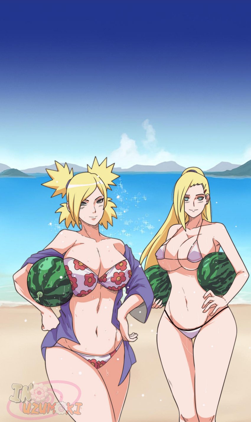 2girls bare_shoulders beach big_breasts bikini blonde_female blonde_hair blue_eyes blush blush_lines boruto:_naruto_next_generations breasts busty cleavage feet_out_of_frame female female_only floral_print food fruit hair_over_one_eye holding_food holding_object hourglass_figure indrockz indy_riquez ino_yamanaka legs_together long_hair looking_at_viewer mature mature_female midriff milf multiple_girls naruto naruto_(series) off_shoulder open_shirt outdoors ponytail quad_tails revealing_swimsuit shirt skimpy skimpy_bikini slim_waist small_bikini smile swimsuit temari third-party_edit tied_hair very_long_hair voluptuous watermelon wide_hips