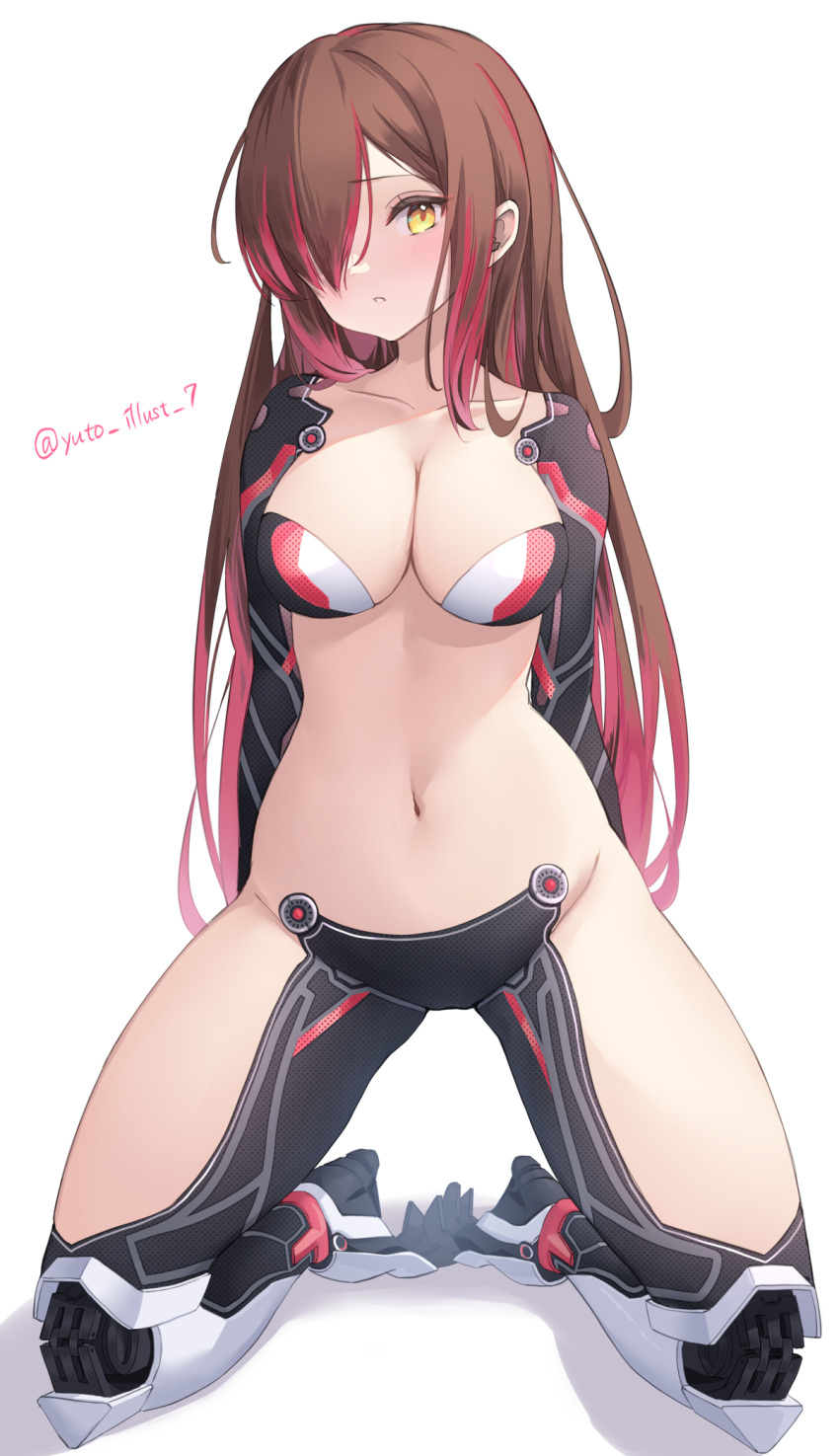 android bangs blush breasts brown_hair cleavage collarbone female framed_breasts gradient_hair hair_between_eyes hair_over_one_eye highres hololive hololive_gen_0 hololive_japan kneeling long_hair looking_at_viewer mechanical_arms mechanical_legs medium_breasts midriff multicolored_hair navel no_eyewear no_pants pink_hair roboco-san solo twitter_username virtual_youtuber white_background yellow_eyes yuto_(yuto_illust_7)