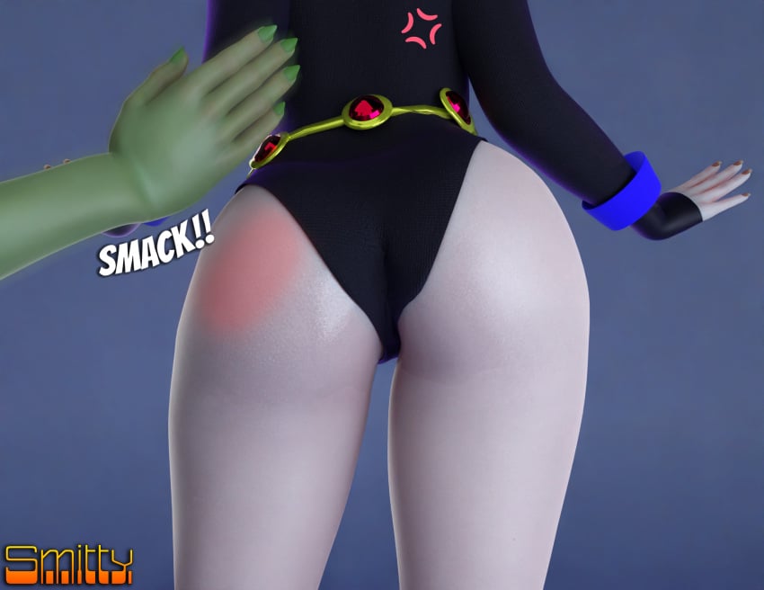 1boy 1girls 3d 3d_(artwork) ass bbrae beast_boy big_ass blender_(software) bubble_ass bubble_butt dc dc_comics garfield_logan goth goth_girl large_ass leotard pale-skinned_female rachel_roth raven_(dc) smitty34 spank_marks spanking tagme teen_titans teenager thick_thighs unseen_male_face