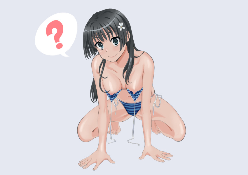 1girls 2020 2020s ? accidental_exposure all_fours areola_slip areolae bare_shoulders bare_thighs barefoot bikini black_hair blue_bikini blue_eyes blush breasts breasts_out collarbone female full_body grey_background hair_flower hair_ornament hi_res jiangpao light-skinned_female light_skin long_hair looking_at_viewer medium_breasts navel saten_ruiko smile solo striped_bikini swimsuit teenage_girl teenager thighs tiptoes to_aru_kagaku_no_railgun to_aru_majutsu_no_index toes young