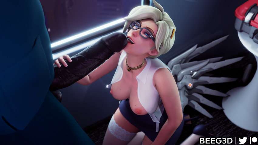 1boy 1girls 3d beeg3d big_penis blender blizzard_entertainment blonde_female blonde_hair blowjob breasts_out choker dark-skinned_male dark_skin female glasses huge_cock interracial kneeling light-skinned_female male male/female mercy overwatch pencil_skirt penis skirt tagme teasing tongue tongue_out