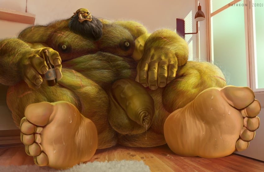 alcohol balls bara beard beer_bottle big_balls big_penis facial_hair feet gay green_skin hairy male male_only muscles muscular orc penis precum precum_drip solo solo_male spread_legs sweaty tusk zoroj