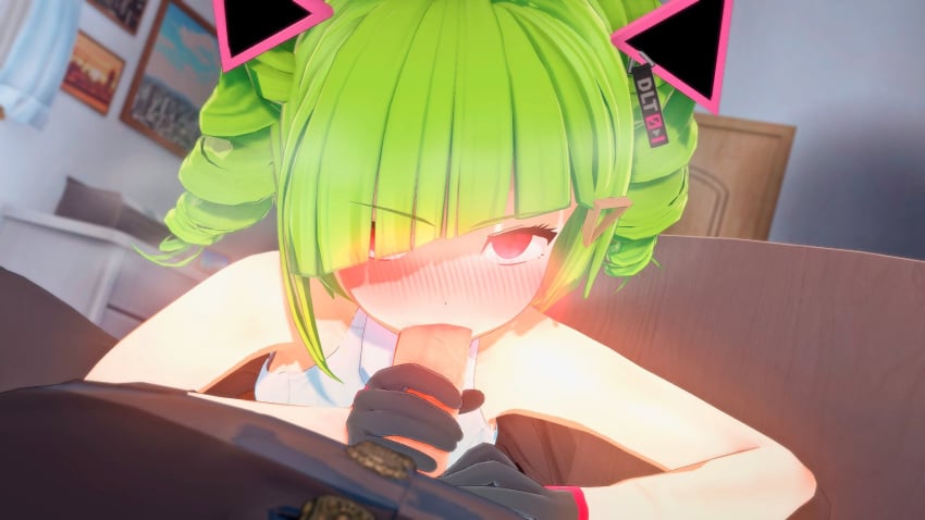 1boy 1girls black_gloves blowjob blush blushing_at_partner blushing_at_viewer blushing_profusely cat_ears clothed_female deluta drill_twintails female gloved_handjob gloves green_hair hair_accessory hair_ornament handjob heavy_blush high_resolution highres horny_female indie_virtual_youtuber koikatsu light-skinned_female light-skinned_male light_skin male oral oral_sex pov red_eyes short_hair short_twintails streamer stroking_penis sucking_penis t-shirt triangle_hair_ornament twintails uncensored viewer_perspective virtual_youtuber vtuber wataamage white_t-shirt young_woman youtuber