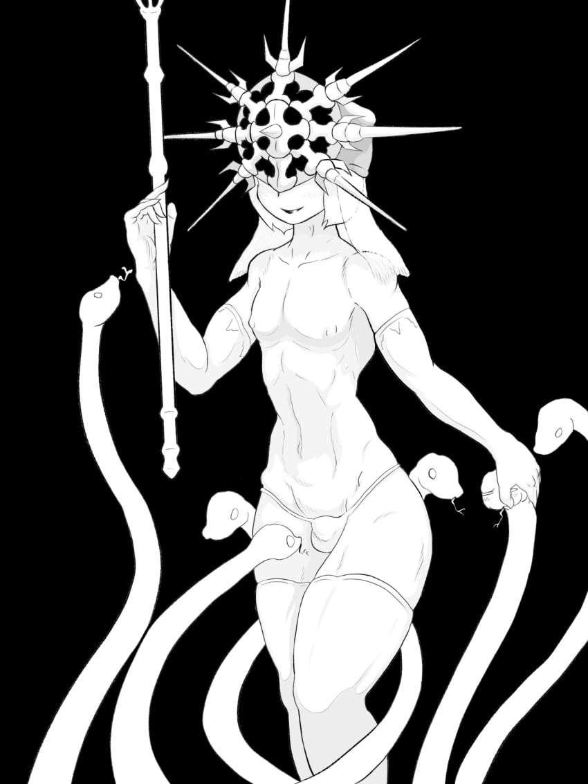 black_background bulge dark_souls dark_sun_gwyndolin elbow_gloves femboy fromsoftware gloves helmet imoroku male male_only mask masked masked_male monochrome short_hair smile snakes solo staff thick_thighs thighhighs thong topless topless_male veil wide_hips