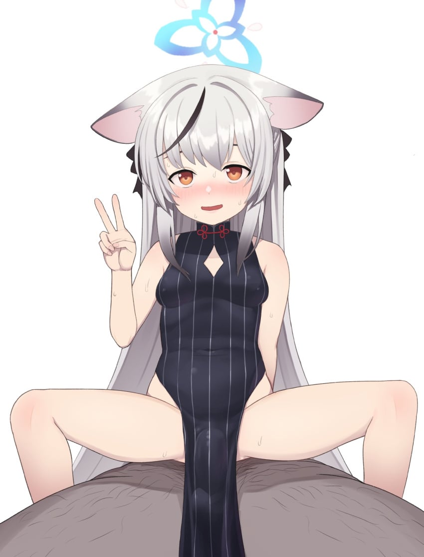 1boy animal_ears bare_arms bare_legs bare_shoulders blue_archive blush breasts bulge china_dress chinese_clothes clothed_female_nude_male covered_penetration dark-skinned_male dark_skin dress erection erection_under_clothes female grey_hair halo highres implied_sex kokona_(blue_archive) long_hair multicolored_hair nude open_mouth pelvic_curtain plum_blossom_garden_(blue_archive) sex shanhaijing_secondary_school_student simple_background small_breasts solo_focus spread_legs straddling straight striped sweat taji_(crowview) v vertical_stripes very_long_hair white_background