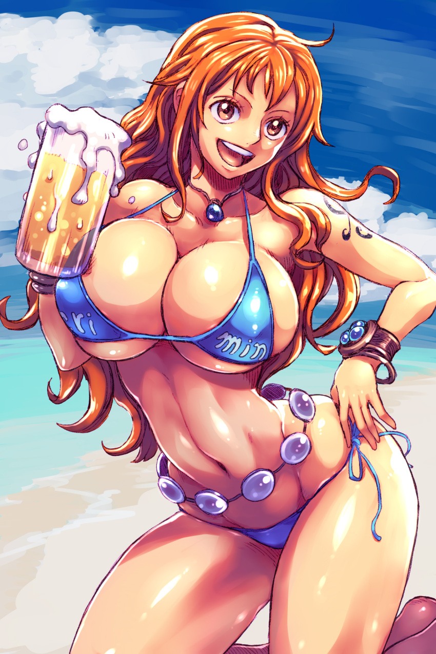 1girls 2022 almost_naked bangs bare_shoulders beach beer belt big_breasts bikini bracelet breasts chiaki_(tom910) cleavage clothing cloud collarbone curvy eyelashes female female_focus female_only half_naked hand_on_hip highres hips holding_object huge_breasts human jewelry large_breasts long_hair looking_at_viewer mug nami nami_(one_piece) navel necklace ocean on_knees one_piece open_mouth orange_eyes orange_hair outside pinup post-timeskip post_timeskip revealing_clothes sand shiny_skin shounen_jump side-tie_bikini sideboob skimpy skindentation smile solo solo_female swimsuit tattoo teeth thighs tight_clothing tongue underboob voluptuous water wide_hips