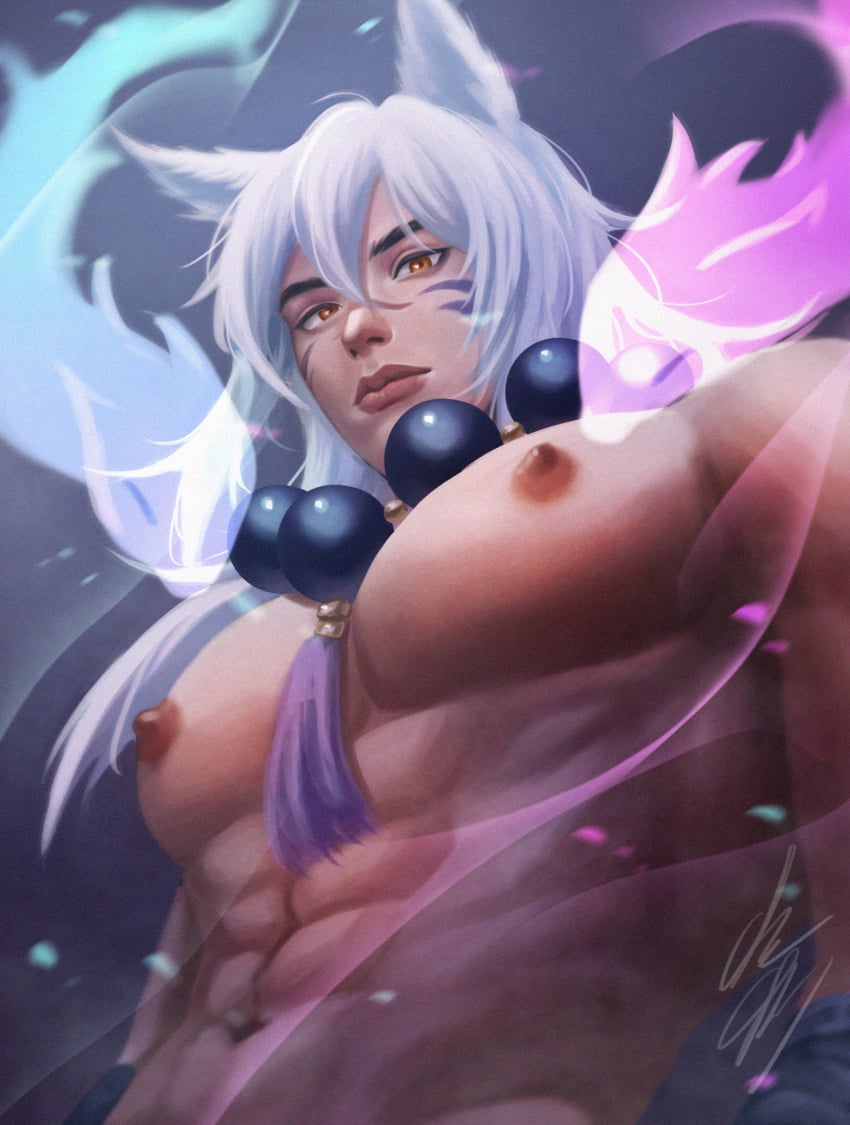 1boy abs amber_eyes animal_ears bare_chest big_pecs bishonen cchiuyin facial_markings facial_scar from_below hi_res japanese_clothes jewelry kemonomimi league_of_legends long_hair long_hair_male looking_at_viewer low-angle_view male male_focus male_only muscles muscular muscular_male necklace pecs sett solo spirit_blossom_series spirit_blossom_sett topless topless_male upper_body white_hair