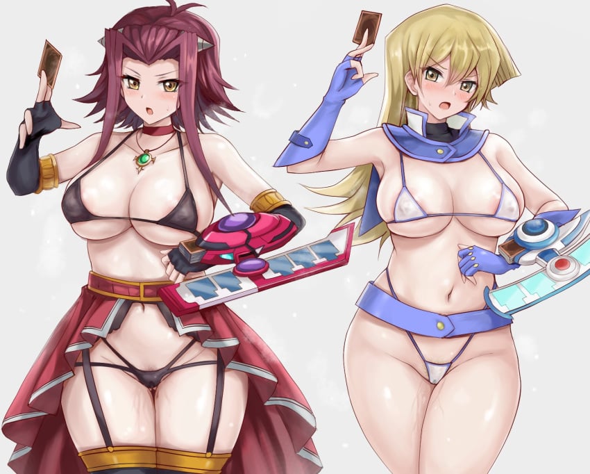 2girls akiza_izinski alexis_rhodes bare_shoulders black_bra black_garter_straps black_legwear black_panties black_sleeves black_stockings blonde_hair blue_gloves blush brown_eyes cleavage duel_disk embarrassed female female_only heavy_breathing holding_card izayoi_aki large_breasts long_hair long_sleeves looking_at_viewer medium_hair micro_bikini multiple_girls necklace nipples nipples_visible_through_clothing open_mouth pussy pussy_hair pussy_juice pussy_juice_leaking r-binon red_choker red_hair sleeves_past_elbows solo_focus standing sweat tenjouin_asuka thick_thighs thighhighs thighs uncensored underwear white_bra white_skin wide_hips yellow_eyes yu-gi-oh! yu-gi-oh!_5d's yu-gi-oh!_gx