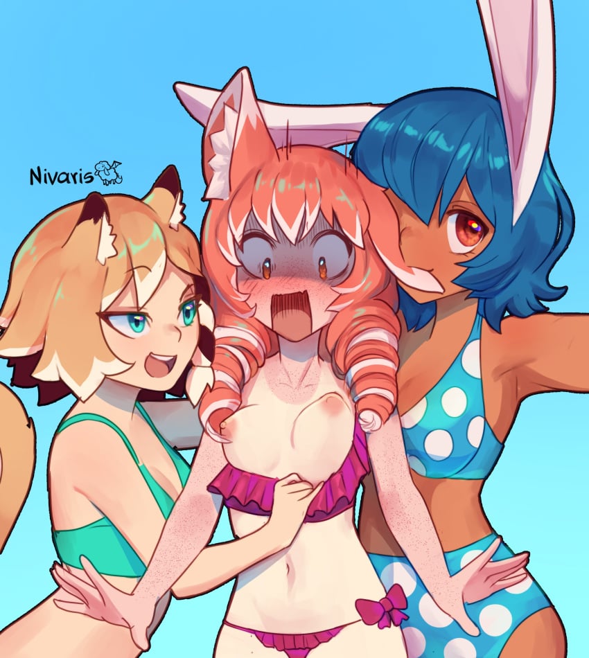 absurdres animal_ears biting blue_hair blush breasts_out breasts_out_of_clothes brown_eyes brown_hair clothes_pull dark_skin drill_hair ear_biting embarrassed exposed_breasts ferret_ears ferret_girl forced_exposure fox_ears fox_girl freckles green_eyes highres midriff multiple_girls nibbling original rabbit_ears rabbit_girl red_eyes red_hair selfie sunset_nivaris sunsetniva surprised swimsuit swimsuit_pull tan tanlines tira_(poppytart)