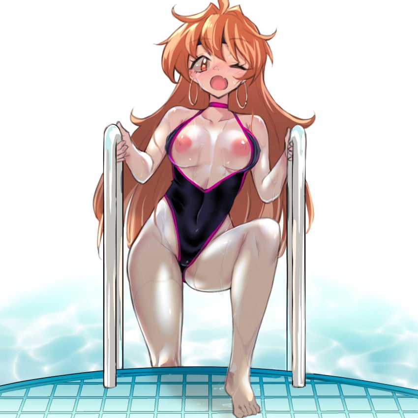 1girls 2022 areolae blush breasts earrings female female_only hi_res human light-skinned_female light_skin lina_inverse long_hair looking_at_viewer mocco_san1 nipples one_eye_closed open_mouth orange_eyes orange_hair poolside sideboob slayers solo solo_female sorceress swimsuit swimsuit_aside wet_skin