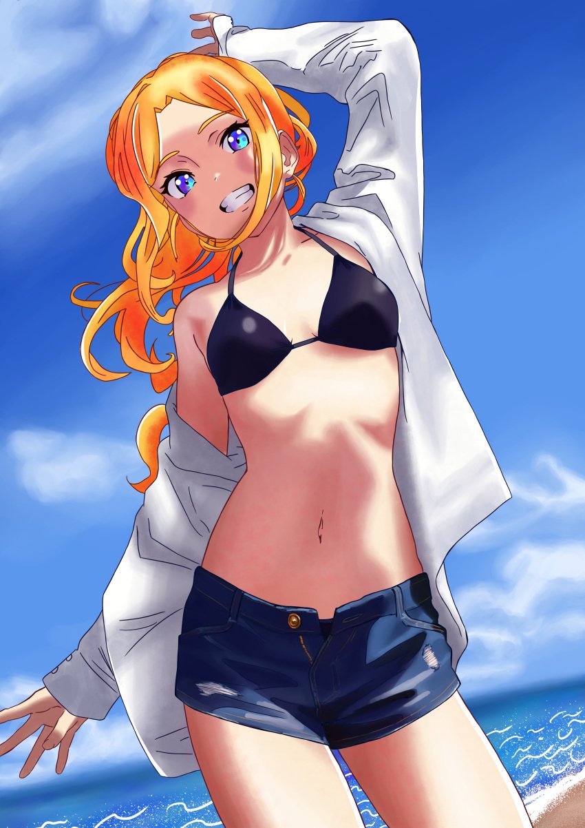 1girls beach blonde_hair blue_eyes female female_only frenda_seivelun isotop long_hair looking_at_viewer medium_breasts open_mouth sensual solo swimsuit to_aru_kagaku_no_railgun to_aru_majutsu_no_index