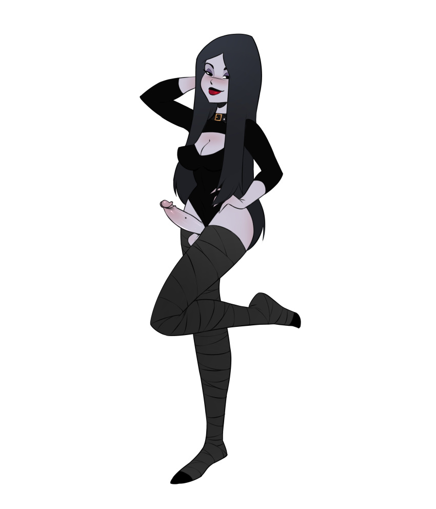 black_hair choker furraniko futanari goth leggings pale_skin red_lipstick