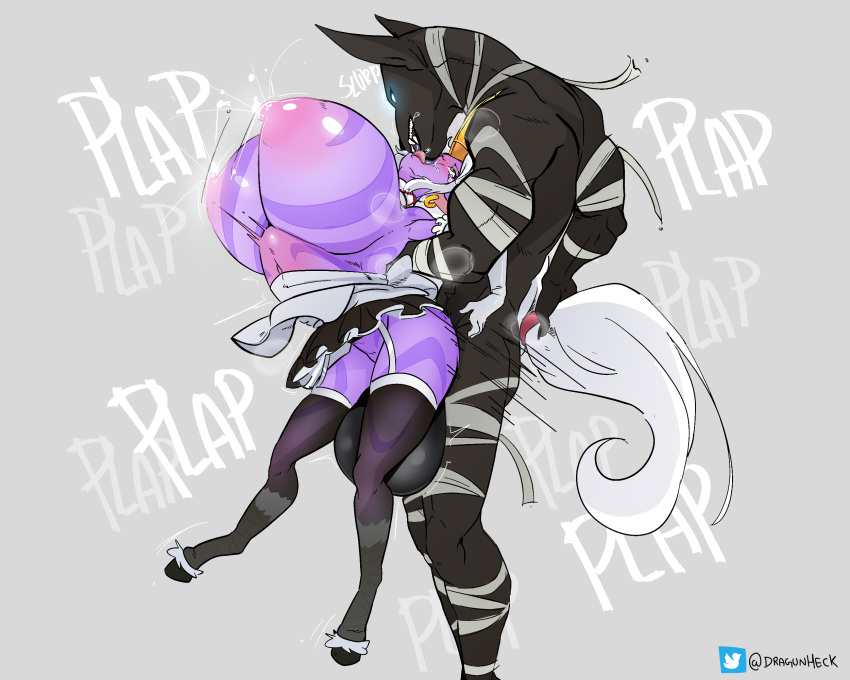 1boy 1girls bandages big_dom_small_sub dragunheck earrings hooves huge_balls huge_breasts huge_cock jackel kissing lactation league_of_legends long_hair maid maid_uniform nasus ponytail purple_skin riot_games simple_background size_difference soraka stand_and_carry_position stockings stomach_bulge text twitter_username white_background white_hair