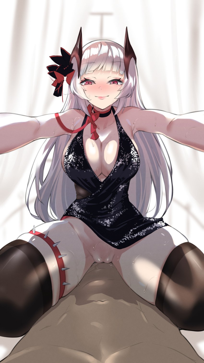 1boy 1girls 2022 azur_lane choker dark-skinned_male dark_skin dress eyebrows_visible_through_hair female female_focus hi_res horns interracial iron_blood_(azur_lane) legband light-skinned_female light_skin long_hair looking_at_viewer male male_pov mocco_san1 narrowed_eyes outstretched_arms pov pov_eye_contact pussy red_eyes smiling smiling_at_viewer spiked_legband stockings straight thick_thighs thigh_squish thighhighs white_hair yorck_(azur_lane)