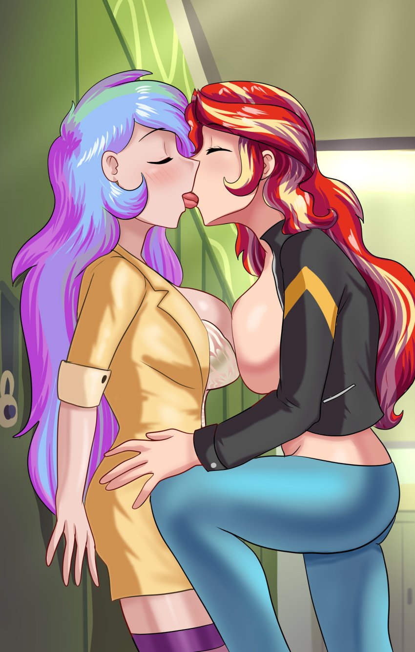 2022 2girls age_difference big_breasts breasts cogbrony commission equestria_girls female female_only french_kiss french_kissing friendship_is_magic hand_on_hip hasbro hi_res highres huge_breasts jacket jeans kissing large_breasts making_out mature_female multicolored_hair my_little_pony my_little_pony_friendship_is_magic older_female older_woman_and_teenage_girl open_clothes open_jacket partially_clothed passionate princess_celestia_(mlp) principal_and_student principal_celestia romantic romantic_couple sideboob sunset_shimmer symmetrical_docking tongue tongue_kiss two_tone_hair yuri