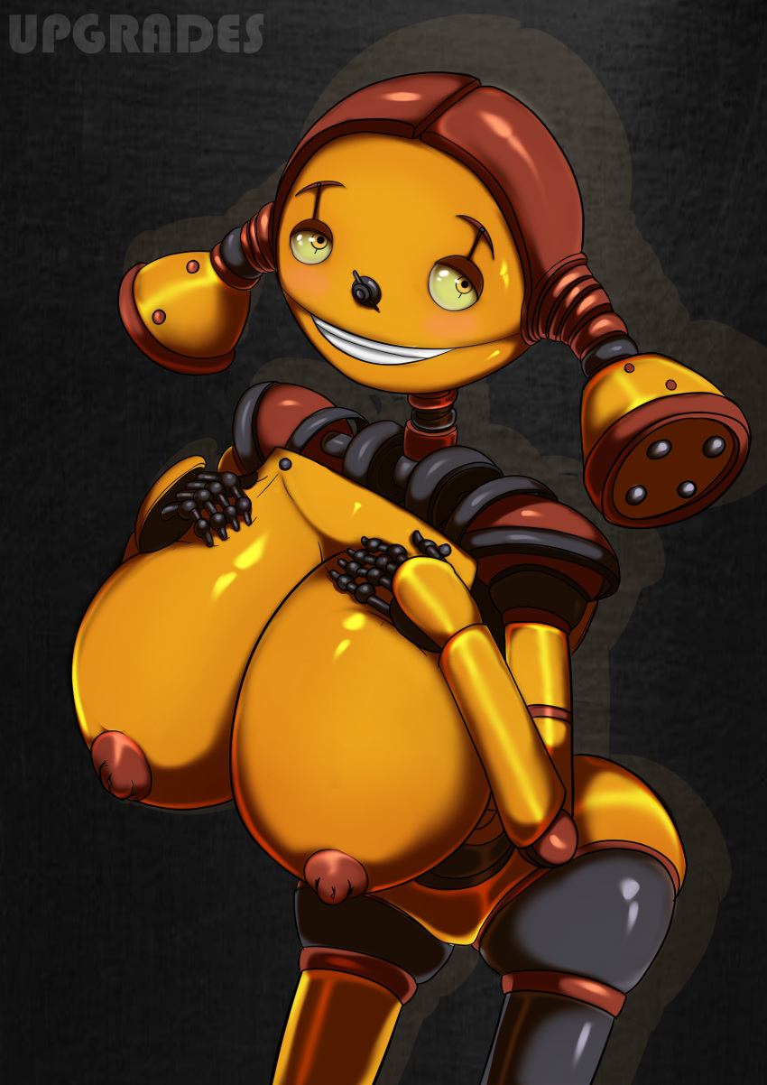 2021 big_breasts blue_sky_studios breasts female female_only grin hand_on_breast hi_res huge_breasts humanoid machine nipples not_furry oddrich piper_pinwheeler portrait robot robot_girl robot_humanoid robots_(film) smile solo three-quarter_portrait yellow_body ztaroth