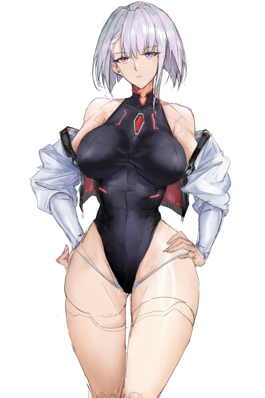 1girls absurdres athletic_female bangs bare_shoulders black_leotard breasts cd_projekt_red cyberpunk:_edgerunners cyberpunk_2077 female grey_hair highleg highleg_leotard highres jacket large_breasts leotard long_sleeves looking_at_viewer lucyna_kushinada netflix off_shoulder open_clothes open_jacket pov purple_eyes ritalem short_hair solo solo_focus studio_trigger thighs tomboy white_background white_jacket