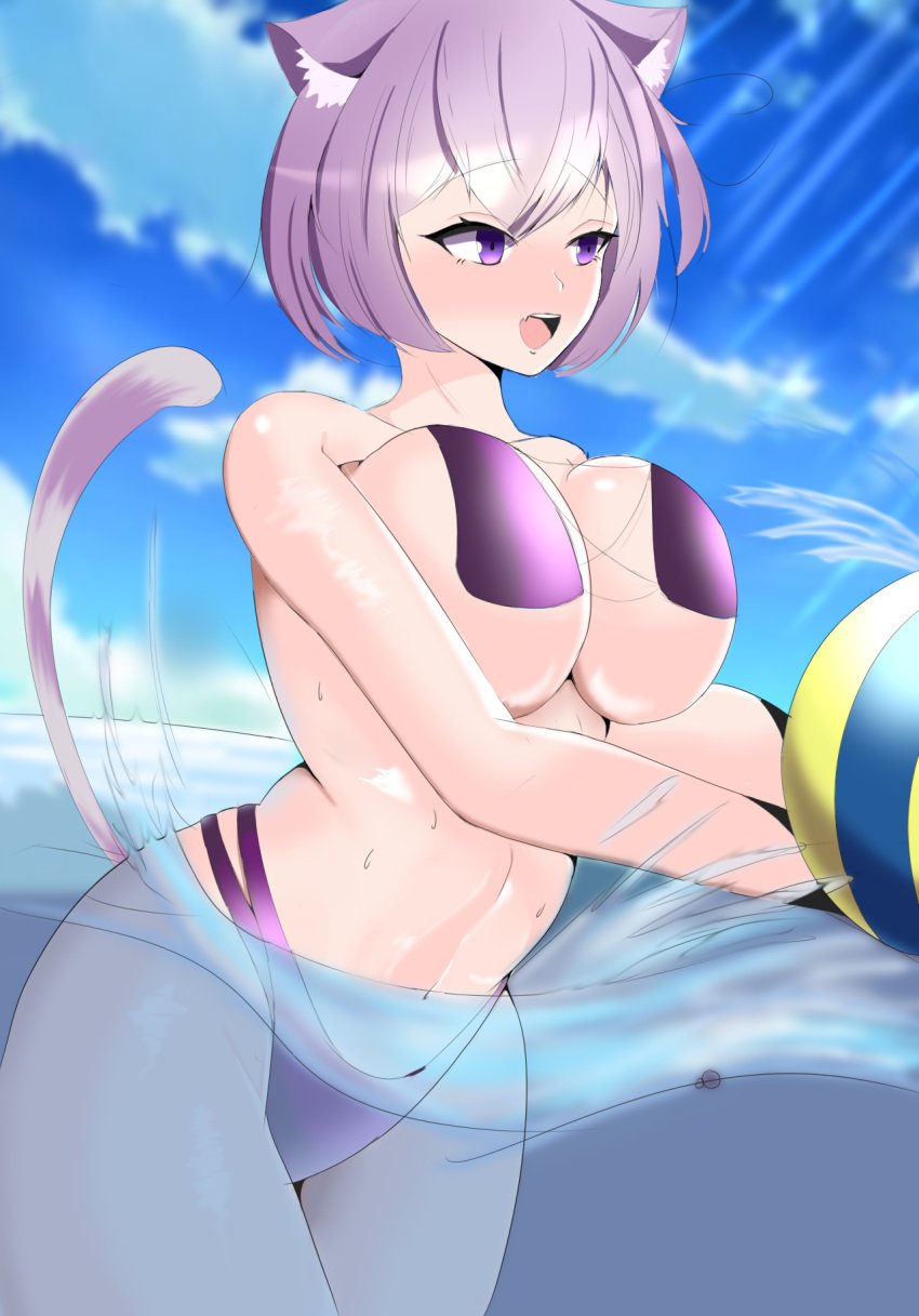 animal_ears beach_ball hololive hololive_gamers hololive_japan nekomata_okayu okayu_ch. pool purple_eyes purple_hair short_hair swimsuit tail virtual_youtuber yakuni