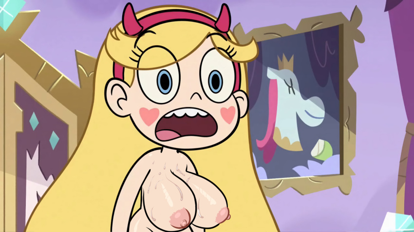 accurate_art_style areolae blonde_female blonde_hair blue_eyes disney disney_channel disney_xd edit headband heart_cheeks hips huge_breasts long_hair massive_breasts nipples nude pink_nipples round_teeth screenshot_edit shocked star_butterfly star_vs_the_forces_of_evil troskc water_droplets wet wet_breasts white_female