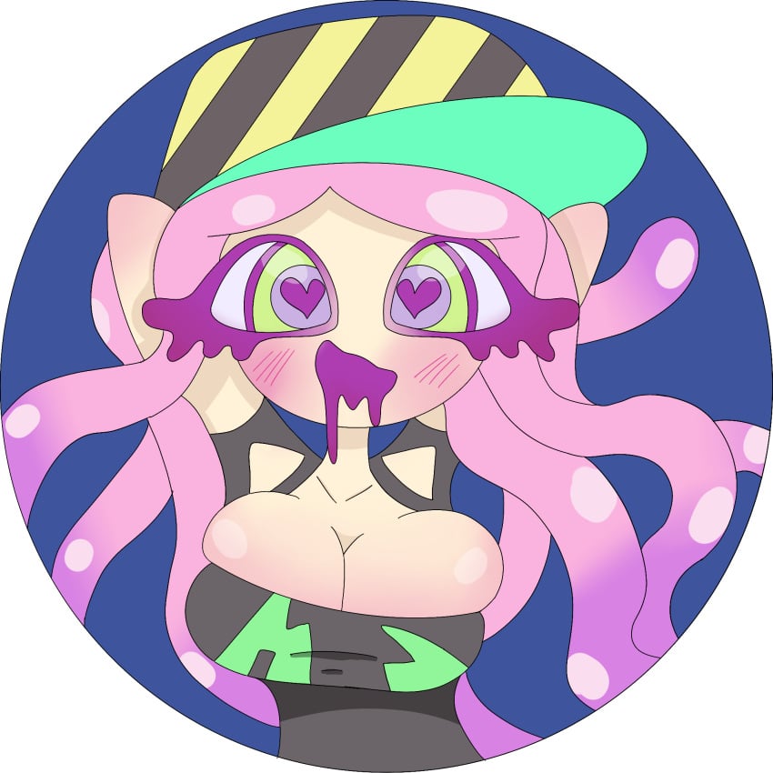 1girls big_breasts blush green_eyes harmony_(splatoon) hat heart-shaped_pupils open_mouth overflowing_breasts pink_hair simple_background solo splatoon splatoon_3 tagme