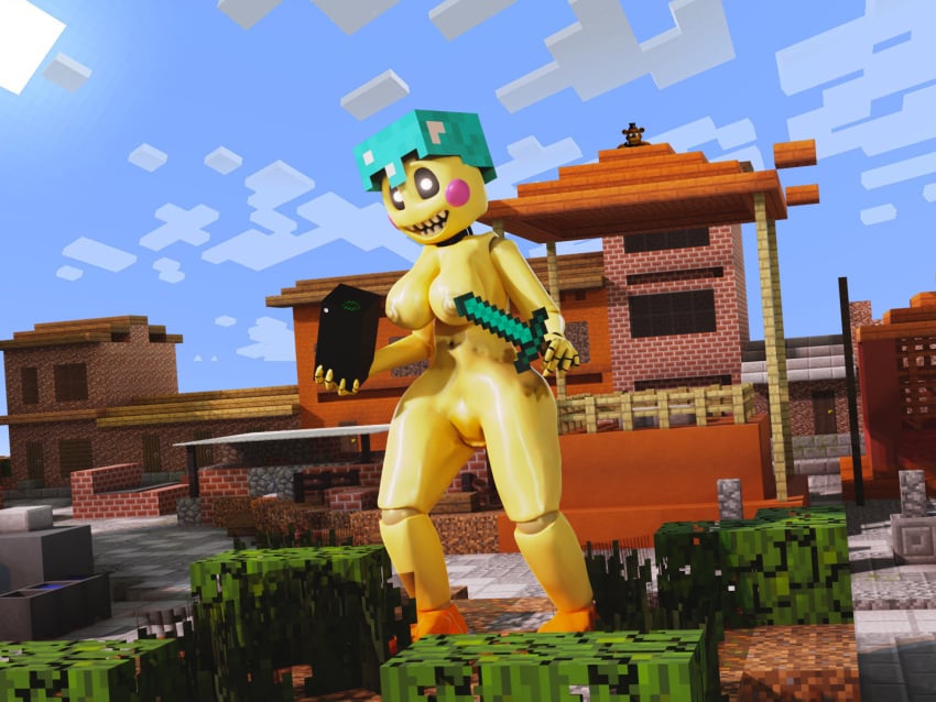 3d chica_(fnaf) crossover diamond_sword five_nights_at_freddy's fnaf giantess minecraft mini_giantess super_elon toy_chica_(fnaf) xbox