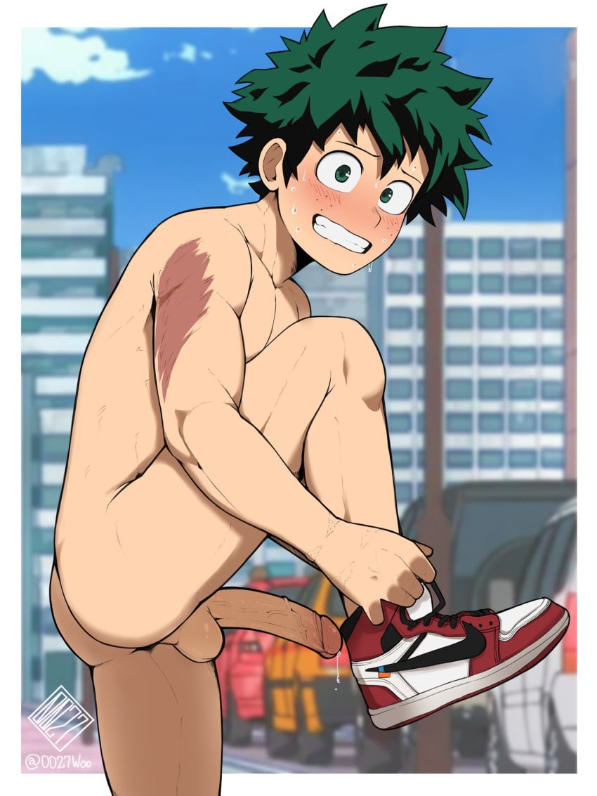 0027woo 1boy blush building embarrassed erect_penis erection green_eyes green_hair in_public izuku_midoriya male male_only my_hero_academia naked naked_footwear naked_shoes naked_sneakers nude penis penis_out precum public public_nudity shoes shoes_only sneakers street tying_shoes