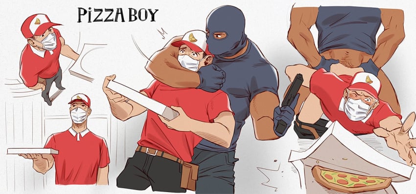 beefy brown_eyes brown_hair choking criminal crying daddy doggy_style drawing forced forced_penetration forced_yaoi gay gay_sex gloves grimace gun hat instant_loss_2koma male/male male_only male_penetrating male_rape_victim manly mask masked masked_male mskah muscular muscular_male pizza pizza_boy pubic_hair rape reaching_out tan_skin threatening tough_guy twink uniform white_skin