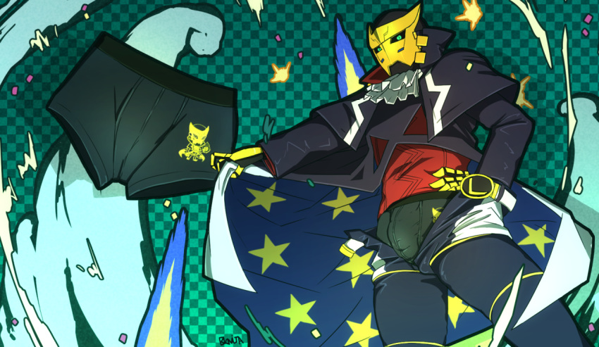 black_clothes boxers bulge bulge_through_clothing cape clothed clothed_male dimension_w edit edited green_eyes looking_at_viewer looking_down loser_(dimension_w) low-angle_view masked masked_male stars