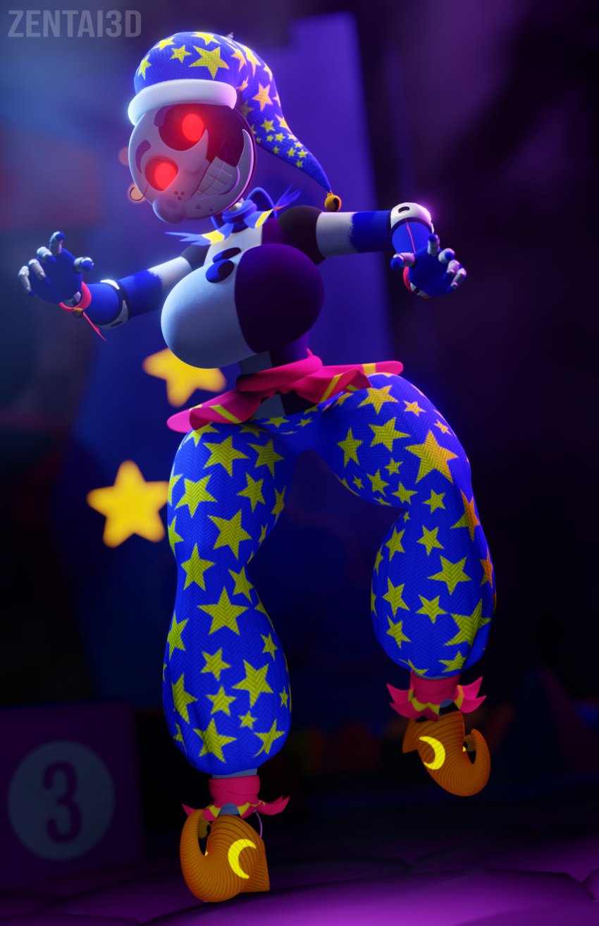 3d 3d_(artwork) animatronic big_breasts blender blender_(software) breasts daycare_attendant_(fnaf) five_nights_at_freddy's five_nights_at_freddy's:_security_breach freckles glowing_eyes hat huge_breasts large_breasts looking_at_viewer metallic_body moondrop pajamas red_eyes robot robot_girl rule_63 shoes skirt watermark zentaisfm