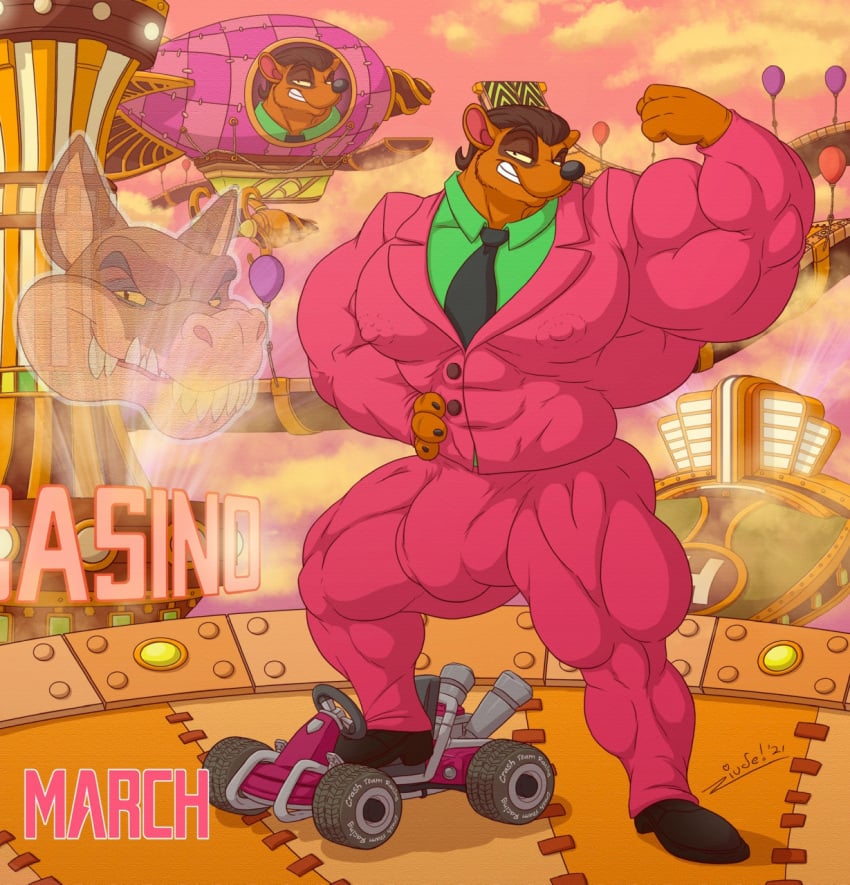 activision anthro bulge crash_(series) crash_team_racing_(series) detailed_background dingodile flexing genitals hi_res juano male male_only muscular penis pinstripe_potoroo solo video_games