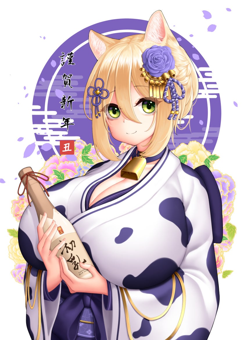 absurd_res animal_humanoid bell bell_collar big_breasts blonde_hair breasts cat_humanoid cleavage clothed clothing collar cowbell felid felid_humanoid feline feline_humanoid female green_eyes hair hi_res huge_breasts humanoid kaedeno_yuu mammal mammal_humanoid smile solo