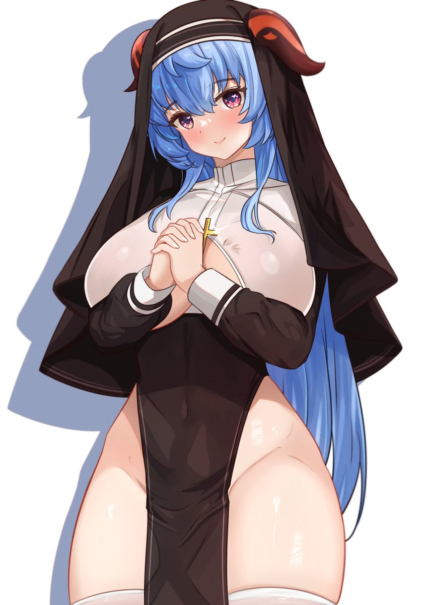 1girls bangs blue_hair blush breasts cetta_(cettadvd) clothing_cutout covered_navel cross dress female ganyu_(genshin_impact) genshin_impact goat_horns habit highres horns large_breasts light-skinned_female light_skin long_hair long_sleeves looking_at_viewer nun purple_eyes shiny_skin sidelocks smile solo solo_female thighhighs thighs white_background