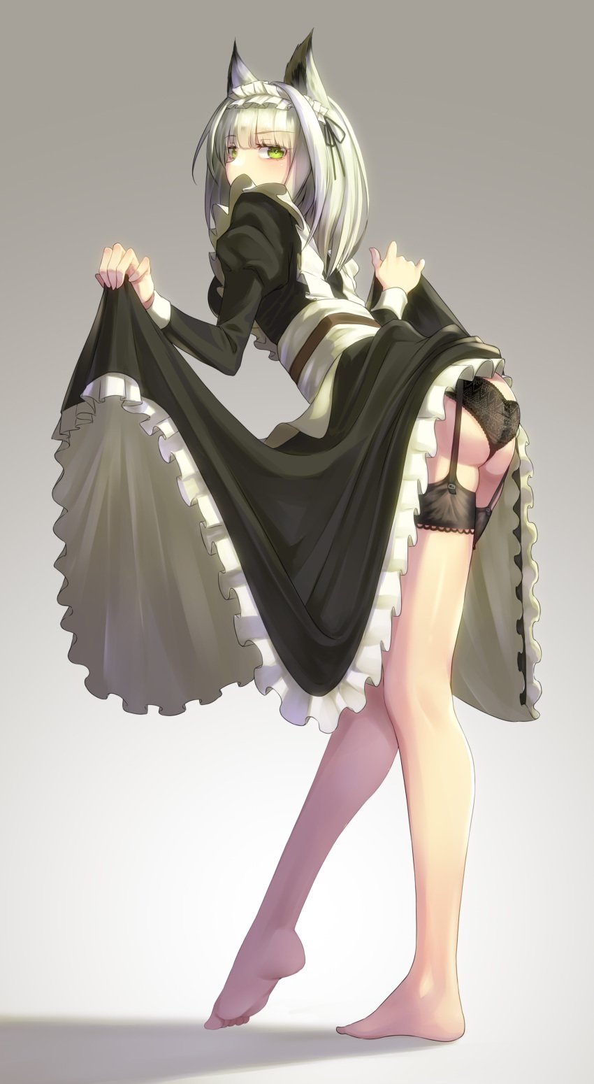 1girls animal_ears arknights ass barefoot bent_over black_dress calves dress dress_lift female female_only garter_belt garter_straps green_eyes hairband highres kal'tsit_(arknights) leaning_forward legs light-skinned_female long_dress looking_at_viewer looking_back maid maid_dress maid_headdress maid_outfit maid_uniform medium_hair nose seductive solo standing white_hair yamauchi_(conan-comy)