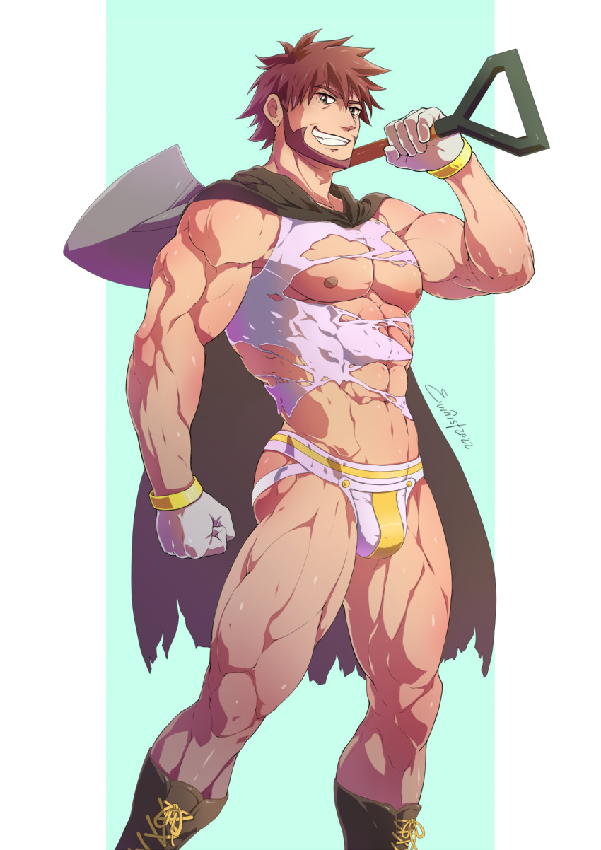 big_bulge bulge byron_(pokemon) daddy dilf evinist huge_bulge jockstrap looking_at_viewer male male_only muscular muscular_male pokemon pokemon_dppt posing ripped_clothing shovel smiling_at_viewer