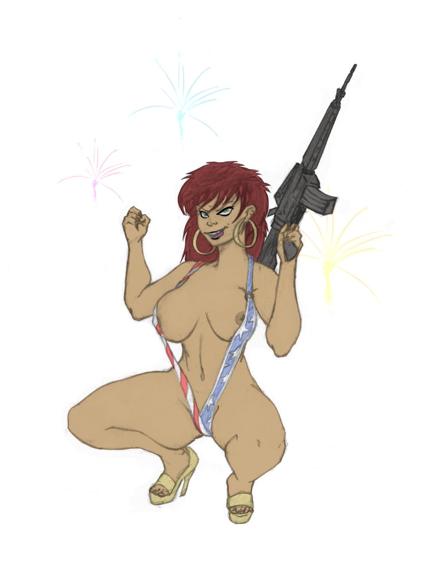 american_flag body_bags female fireworks green_eyes gun hedyl2 heels hoop_earrings large_breasts licking_lips mole nipple_slip panda_delgado solo traditional_media_(artwork)