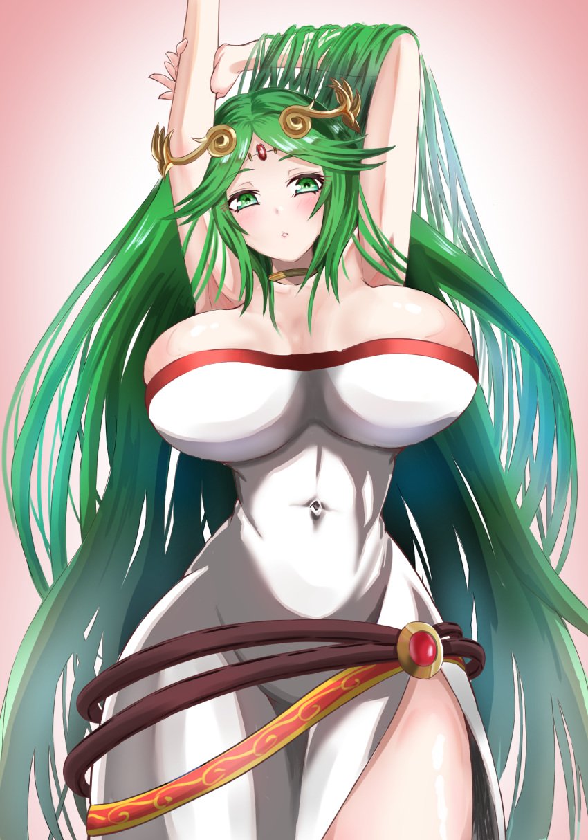 1girls belly_button belt blush breasts choker cleavage female female_focus forehead_jewel goddess green_eyes green_hair kid_icarus kid_icarus_uprising large_breasts looking_at_viewer nintendo palutena strapless_dress stretching thigh_slit tiara very_long_hair white_dress