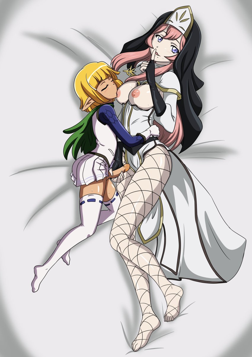 blonde_hair breast_sucking dakimakura_design dark-skinned_male eyes_closed femboy_on_female fishnets handjob hugging lilynette_piani looking_at_viewer male/female mare_bello_fiore overlord_(maruyama) pale-skinned_female pale_skin pink_hair pointy_ears short_hair shushing skirt small_penis stockings tagme veil violet_eyes