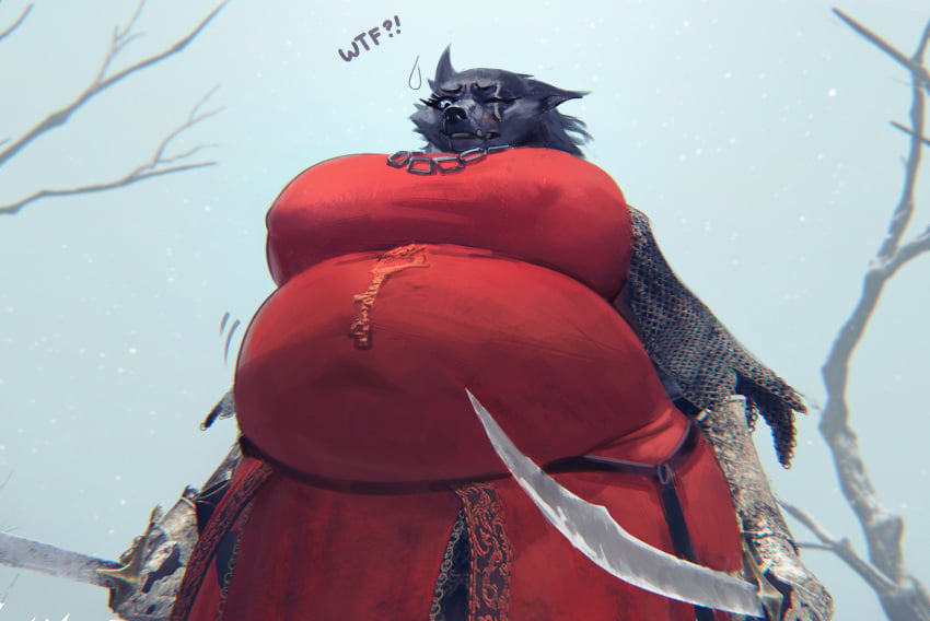 ?! absurd_res anthro armor belly belly_focus belly_jiggle big_belly big_breasts blaidd_(elden_ring) breasts canid canine canis chainmail clothing digital_media_(artwork) dress elden_ring erect_nipples eye_scar facial_scar female feral fromsoftware fur furry hi_res huge_breasts interspecies jiggling looking_at_belly looking_down low-angle_view mammal melee_weapon nipples obese_anthro obese_female outside overweight overweight_female perspective pineconedraws plant rule_63 scar solo sword tight_clothing tree video_games weapon wolf zoophilia