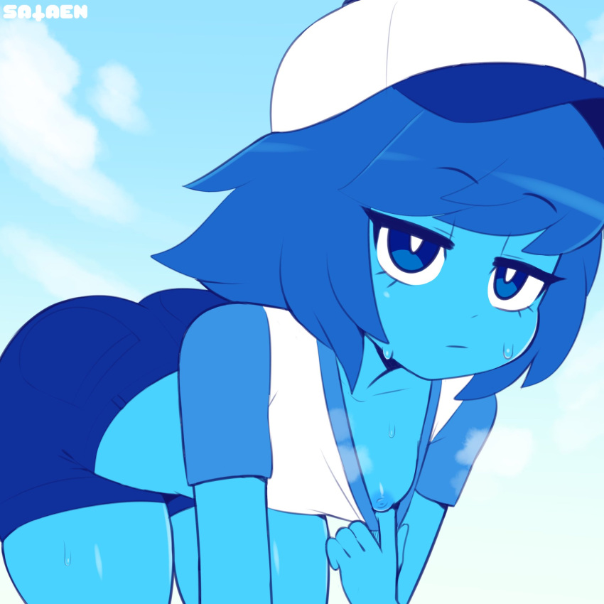 1girls alien alien_girl alien_humanoid baseball_cap baseball_uniform bending_forward bending_over blue_body blue_eyes blue_hair blue_skin breasts clothing_pull female female_only flashing hat humanoid lapis_lazuli_(bob) lapis_lazuli_(steven_universe) looking_at_viewer non-human one_breast_out presenting sataenart shirt_pull small_breasts solo steven_universe sweat