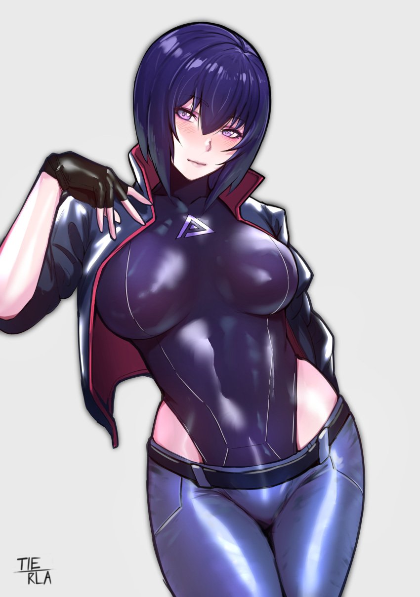 curvy fingerless_gloves ghost_in_the_shell ghost_in_the_shell_sac_2045 jacket jeans kusanagi_motoko large_breasts leotard leotard_under_clothes looking_at_viewer pose short_hair simple_background skin_tight standing tierla