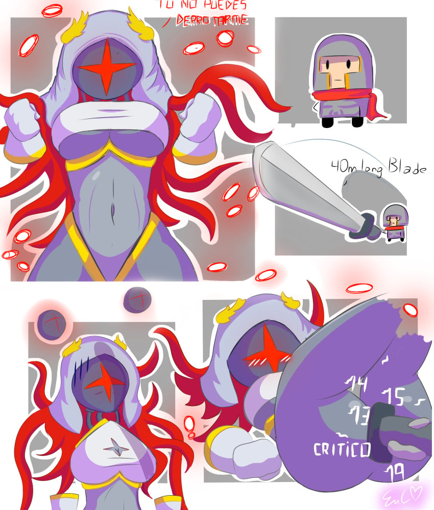 /// artist_request blush boss_monster breasts damage_numbers defeated floating_hands helmet hood knight knight_(soul_knight) legs_up lying_on_back nervous one_eye orb queen queen_(soul_knight) red_eye robot scarf sex_toy_insertion shadow soul_knight source_request sword tentacles