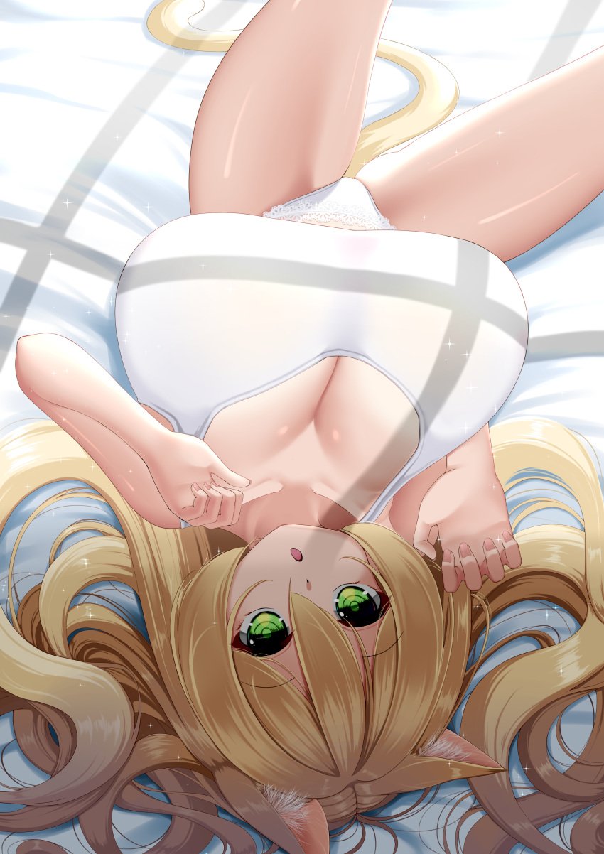 absurd_res animal_humanoid big_breasts blonde_hair breasts cat_humanoid cleavage clothed clothing felid felid_humanoid feline feline_humanoid female green_eyes hair hi_res huge_breasts humanoid kaedeno_yuu lying mammal mammal_humanoid on_back panties solo underwear