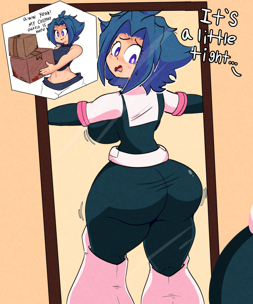 ) 1girls ass ass_focus back_view bananonm bangs bangs_over_eyes big_breasts blue_hair bounce cosplay costume crop_top female female_focus huge_ass kuna_(lr_mano) light-skinned_female looking_at_ass looking_in_mirror lr_mano mirror my_hero_academia oc ochako_uraraka_(cosplay) purple_eyes short_hair sideboob simple_background skin_tight sole_female stretched_clothing text text_bubble tight_clothing tummy voluptuous